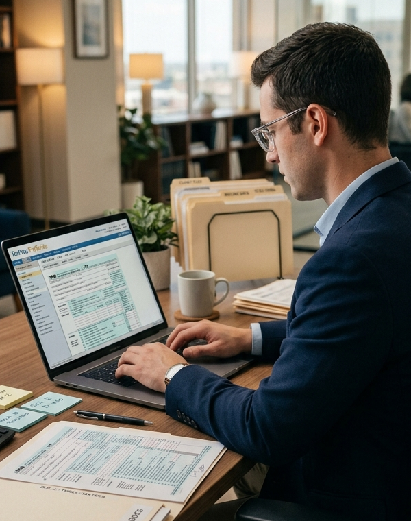 US Tax Professional reviewing tax documents on a laptop at a modern workspace